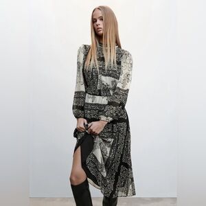 MANGO Blondie Printed Paisley Gold Thread Puff Sleeve Modest Midi Dress Sz XS-S